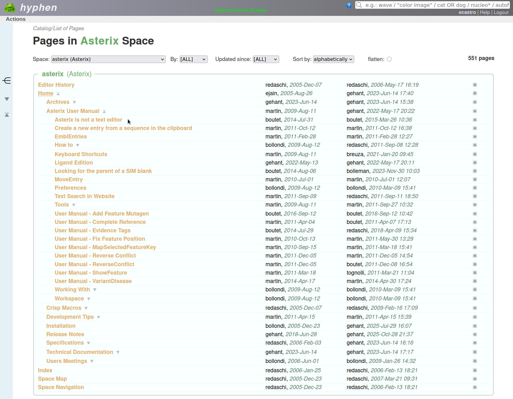 Page catalog for a regular user, showing the Asterix page hierarchy